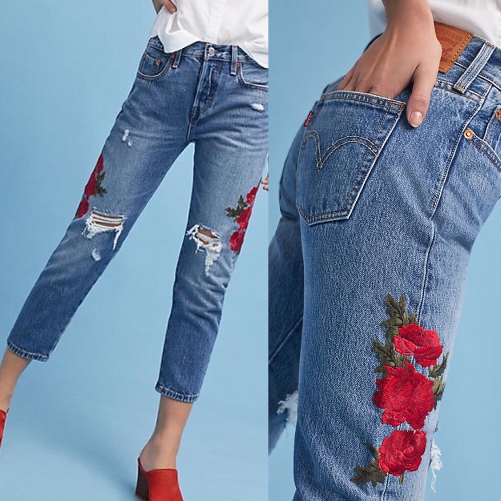NEW Levi’s 501 taper embroidered distressed jeans